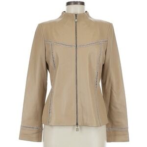 St John Collection Women's Beige Lamb Leather Zip Jacket Size 10 Stylish
